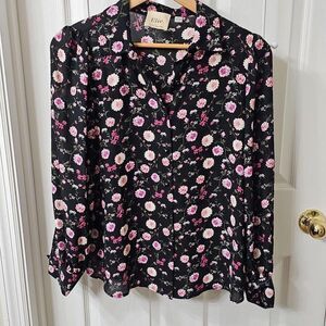 Elie Tahari Black Dahlia Floral Long Sleeve Button Down Blouse Size S